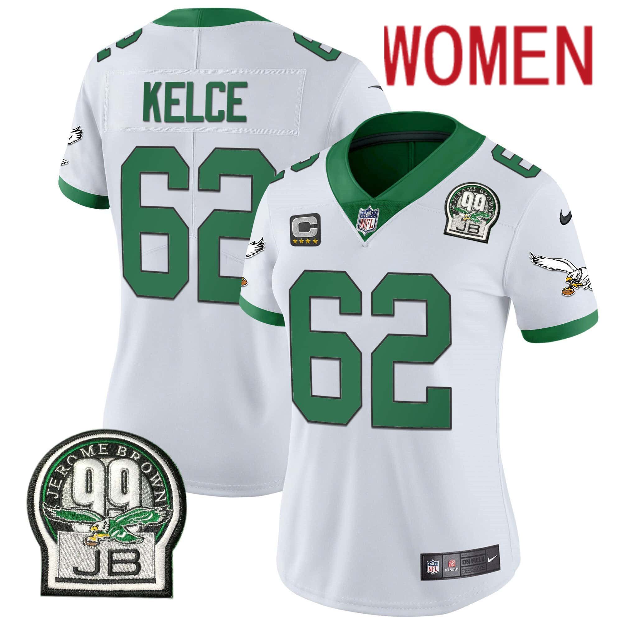 Women Philadelphia Eagles #62 Kelce White 2024 Nike Jerome Brown Patch Alternate Limited NFL Jersey->women nfl jersey->Women Jersey